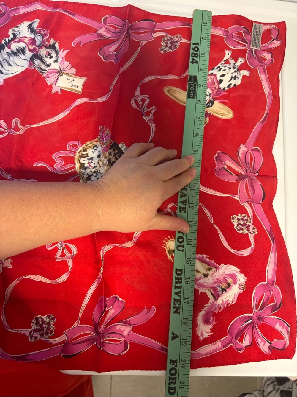Silk Red Printed Scarf with Ribbon‎ and Floral Motif, Elaine Gold